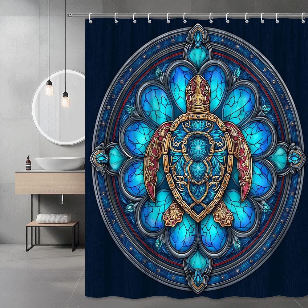 Blue Turtle Stained Glass Style Shower Curtain Ocean Graphic