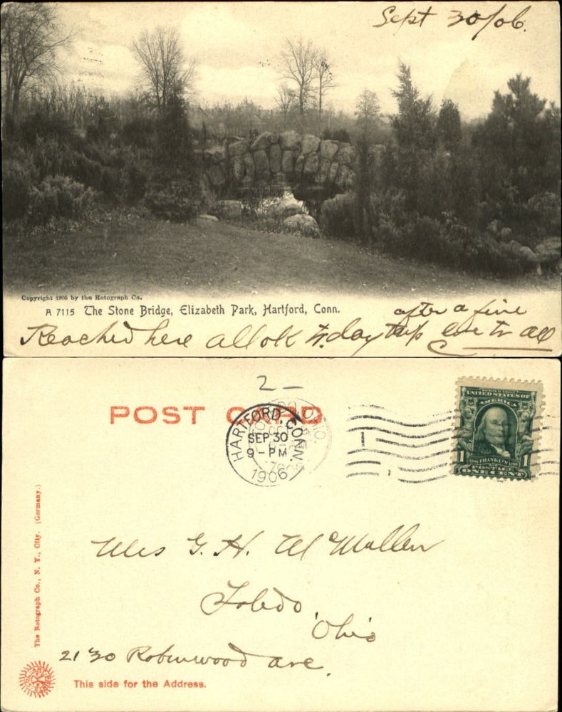 Stone Bridge Elizabeth Park Hartford Connecticut Rotograph UDB 1906