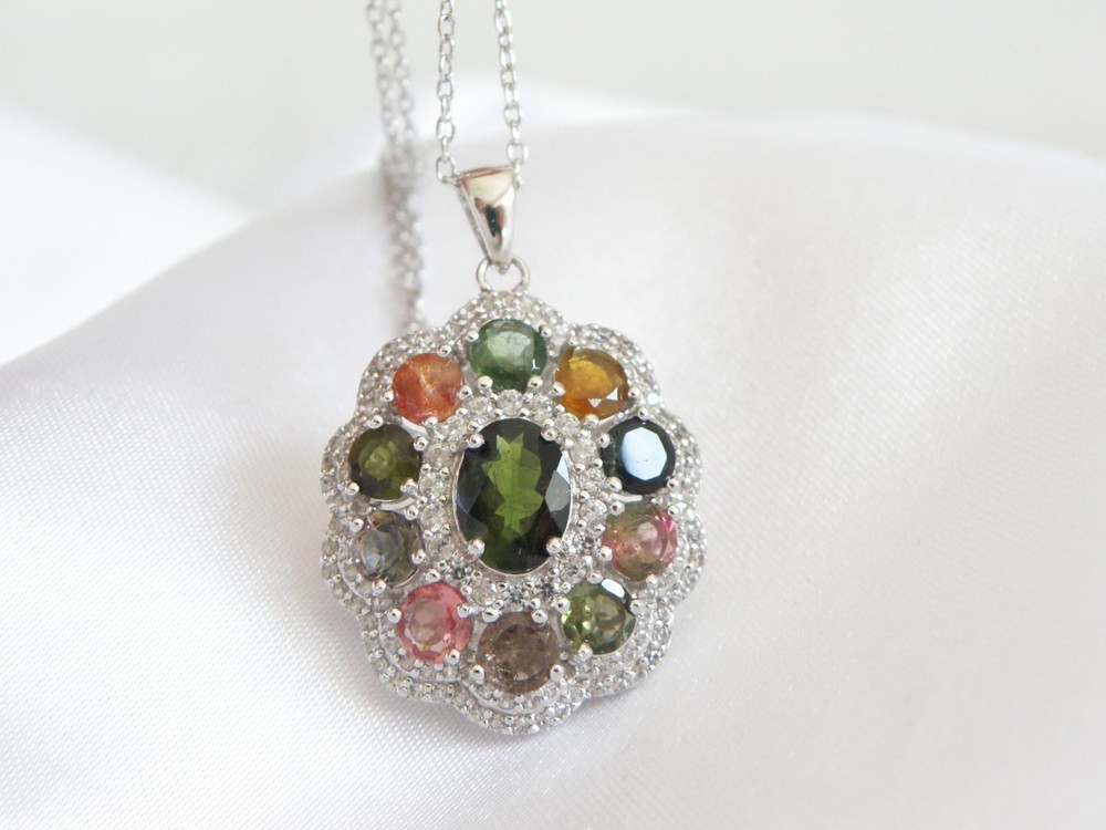 Vintage Sterling Silver 925 Natural Multi Tourmaline Cluster Pendant Necklace