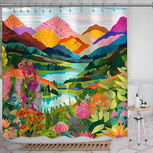 Mountain Forest Lake Watercolor Art Shower Curtain Nature Inspired Design-image