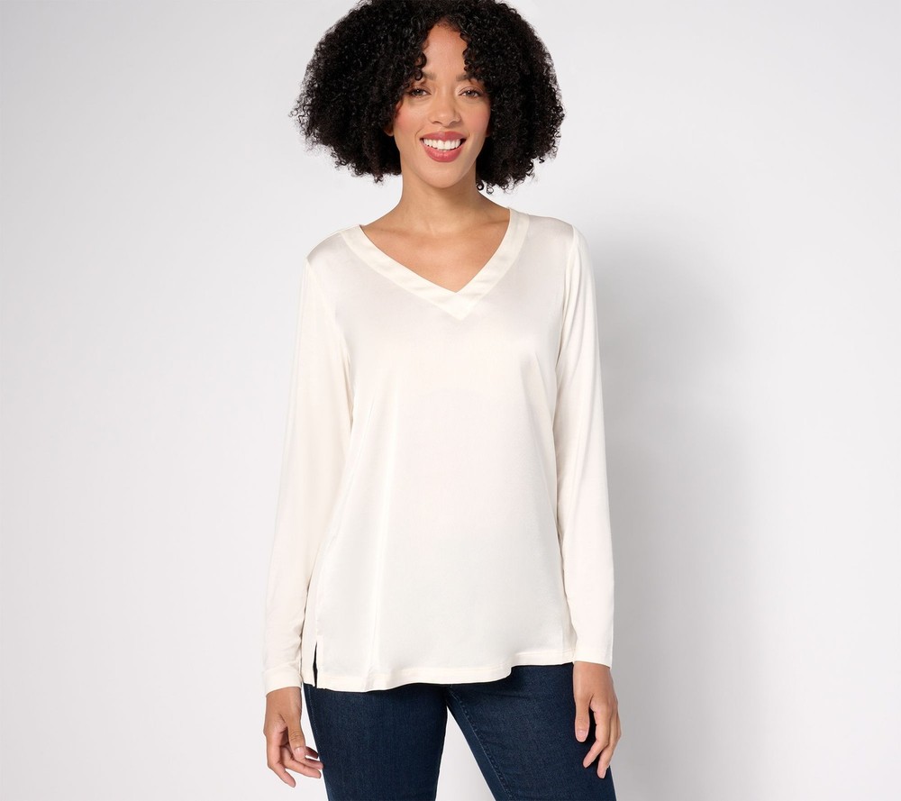 Belle by Kim Gravel Women's Top Sz XS Mixed Media Sateen Front White A663036