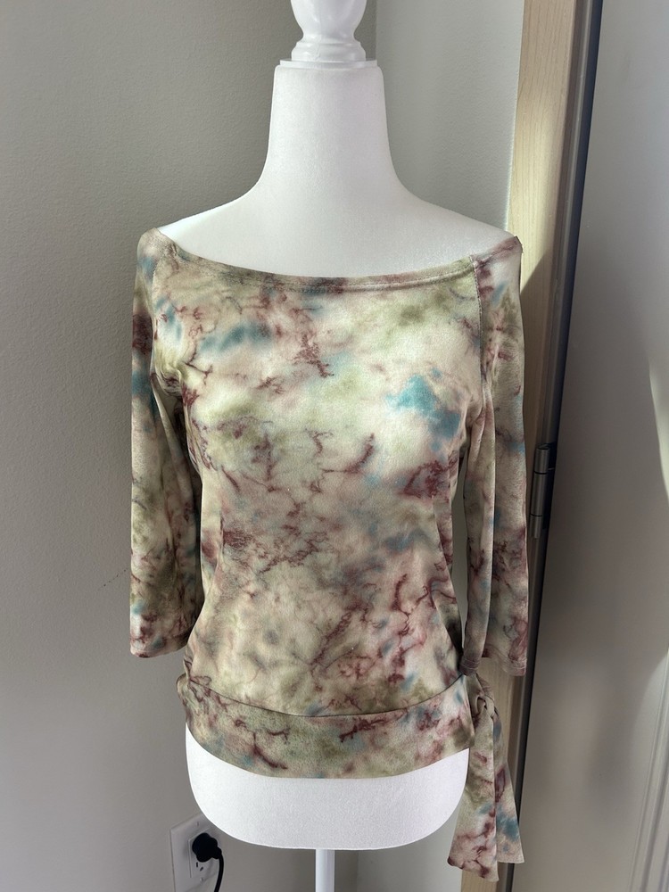 VTG IDFY Abstract Green 3/4 Sleeve Tie Top Sz S USA Made 90s Forest Fairy Whimsy-image