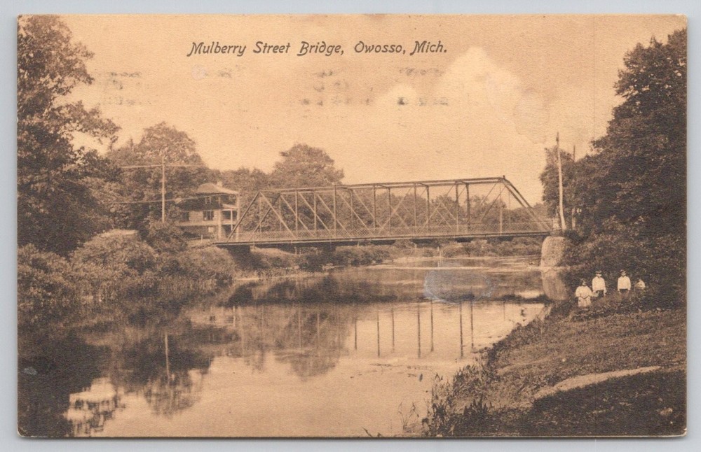 Owosso MI Mulberry Street Bridge Postcard 1913 Michigan River Scene
