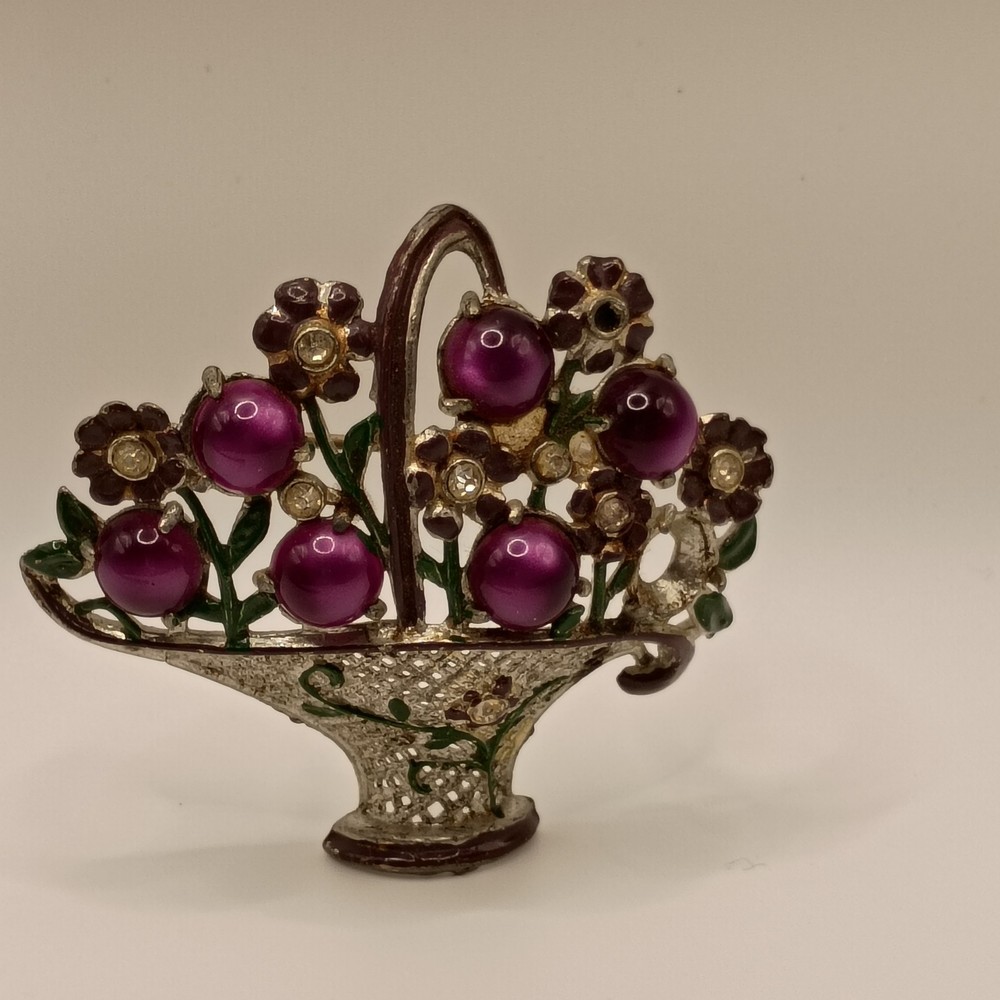 Vintage Pot Metal Flower Basket Brooch Purple Jelly Rhinestone Spring READ