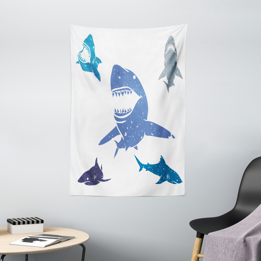 Indigo Tapestry Grunge Sharks Wildlife Print Wall Hanging Decor