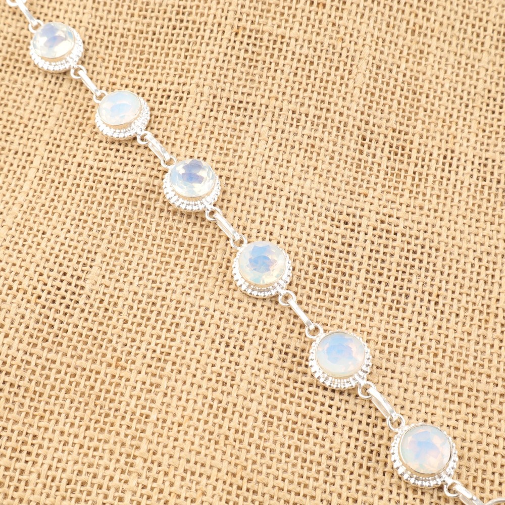 925 Sterling Silver Faceted Milky Opal Stone Valentines Chain Daughter Bracelet