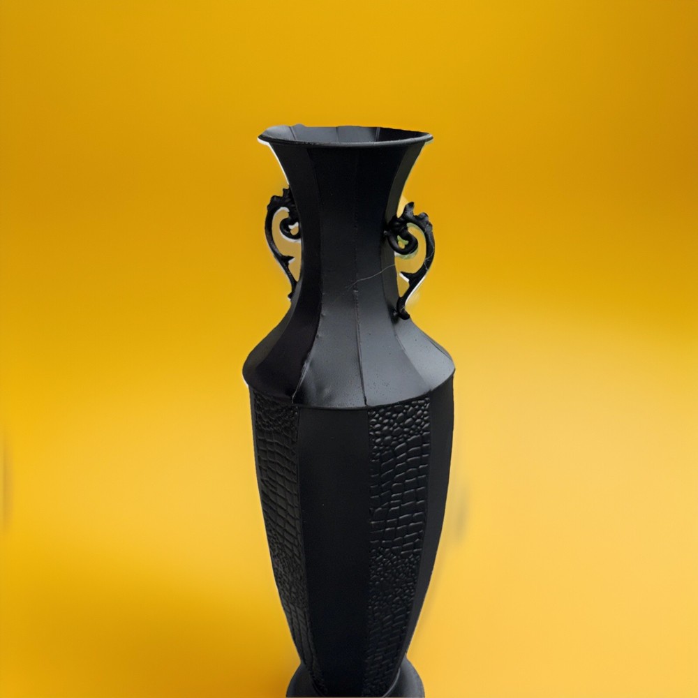 Tall Black Metal Urn/Animal Skin Accent 2 Handles Vase Vintage Preowned #3