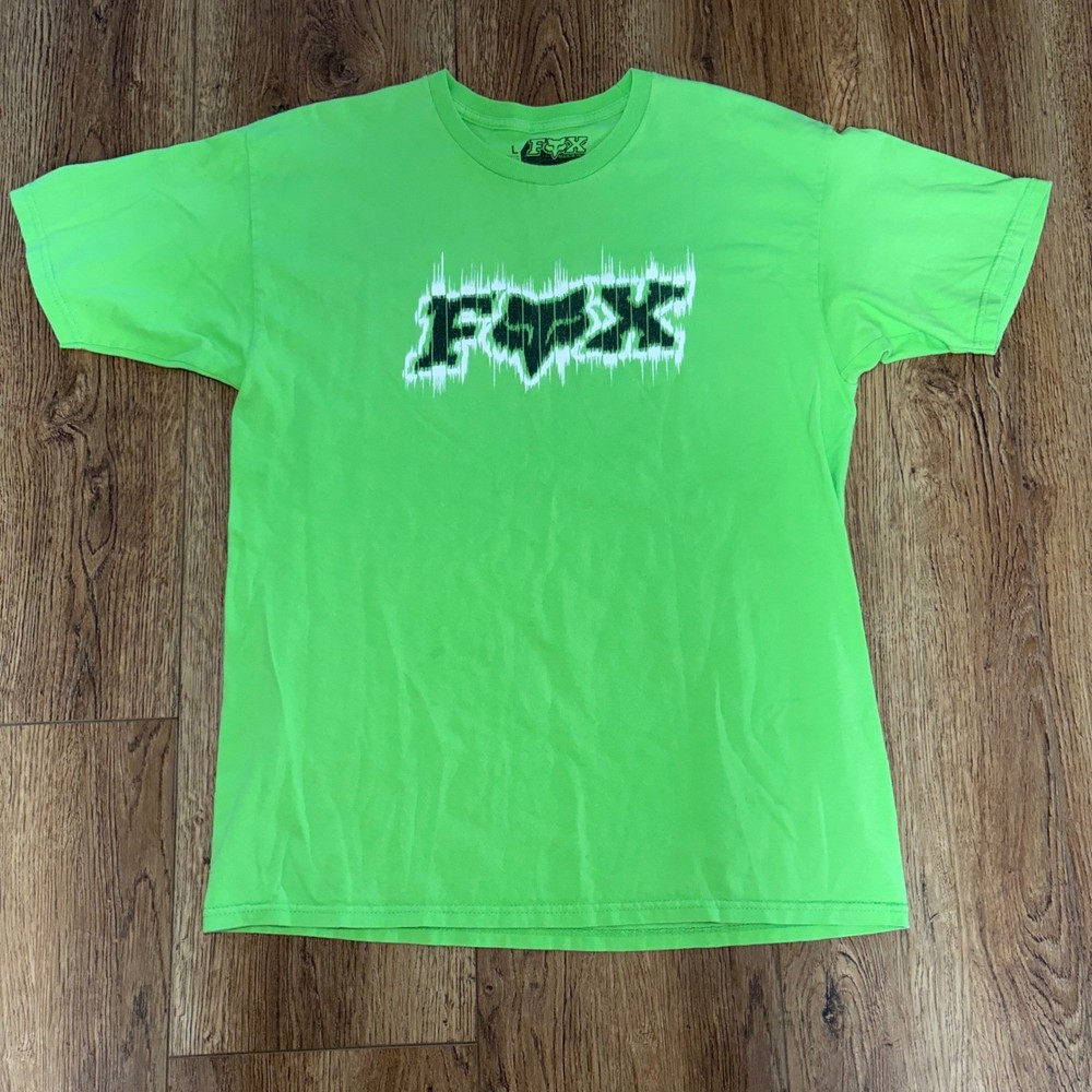 Y2K Fox Racing Green Graphic T-Shirt Distorted Logo Motocross Tee mens Large