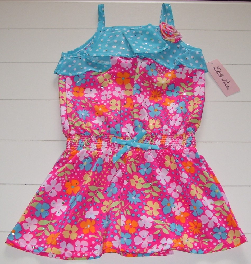 Girls Little Lass 1 Pc Pink Blue Floral Sparkle AB Dot Shorts Romper Size 6
