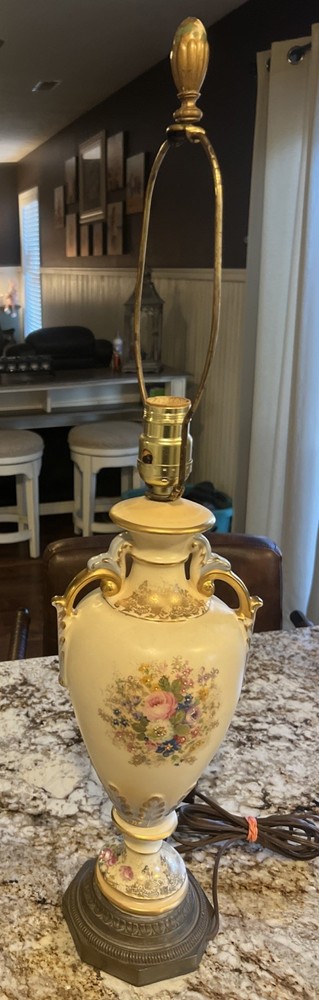 Antique Beautifully Hand-Painted Floral Porcelain Table Lamp - Works - No Shade