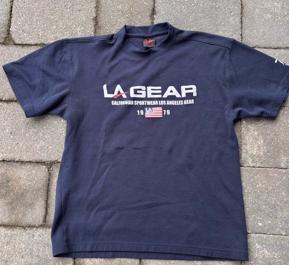 LA Gear short-sleeve T-shirt, mock neck. Navy blue graphic logo Men's L