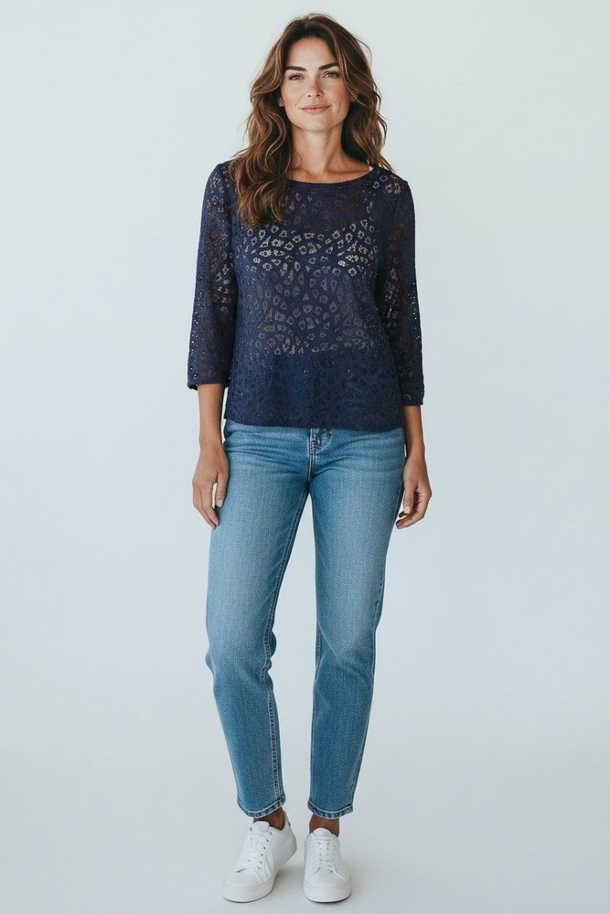 Ann Taylor Loft Women’s Size Large Round Neck 3/4 Sleeve Navy Blue Lace Top