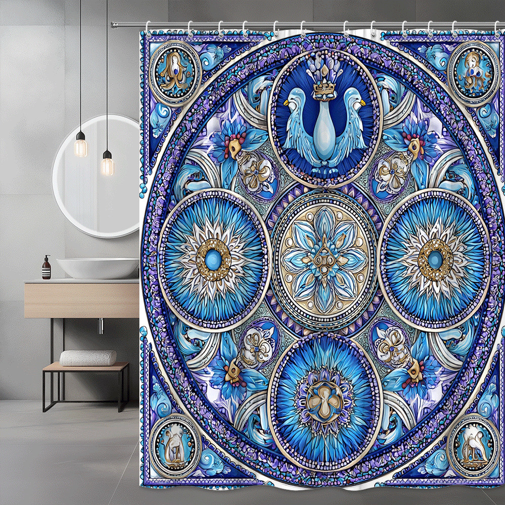 Blue Floral Medallion Shower Curtain, Abstract Bird Pattern