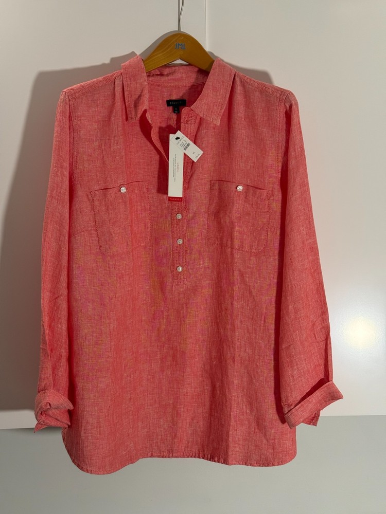 Talbots XL Coral Pink 100% Linen Popover Tunic Long Sleeve Collared Top NWT