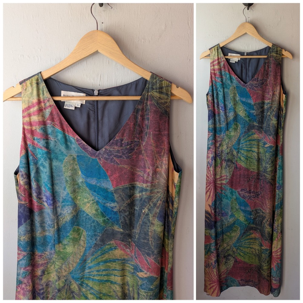 Vintage 90s Tropical Palm Abstract Watercolor Print Resort Beach Maxi Dress 12 M-image