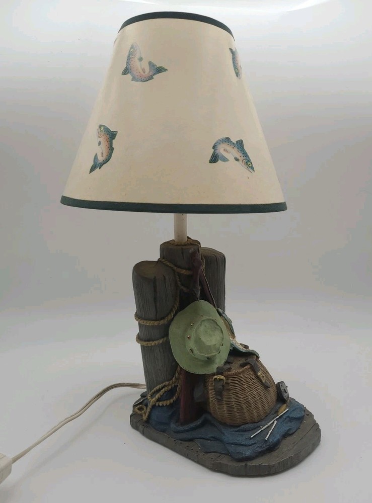 Vintage Fisherman's Dream Lamp Creel Basket Pole Trout Gone Fishing WORKS