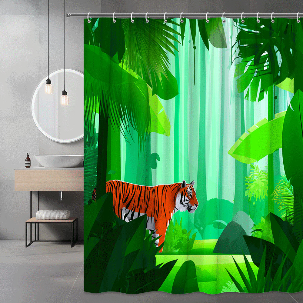 Tiger Jungle Shower Curtain Green Tropical Forest Print