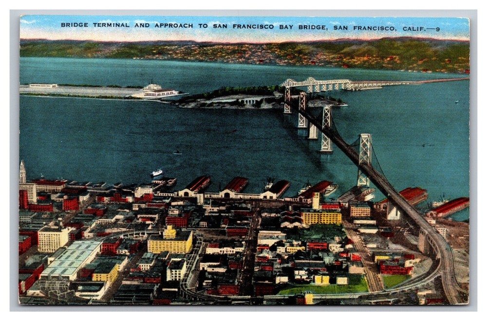 San Francisco CA Bridge Terminal Approach to Bay Bridge Aerial Linen Postcard