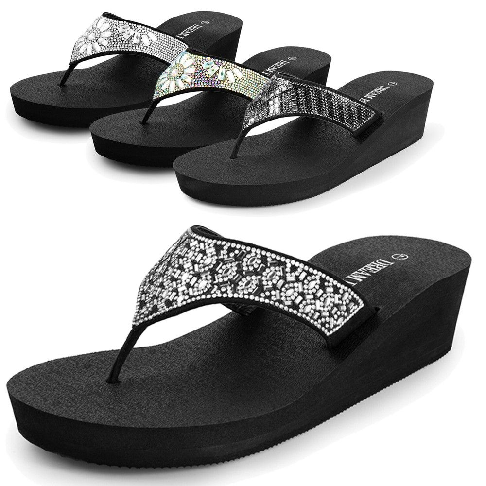 US Women Rhinestone Platform Flip Flop Wedge Heel Thong Summer Beach Sandals