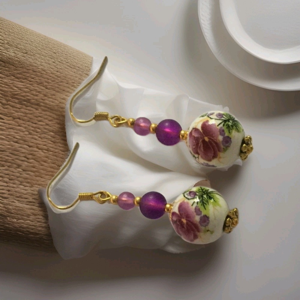 Purple Ceramic Bead Drop Earrings in Gold Plate