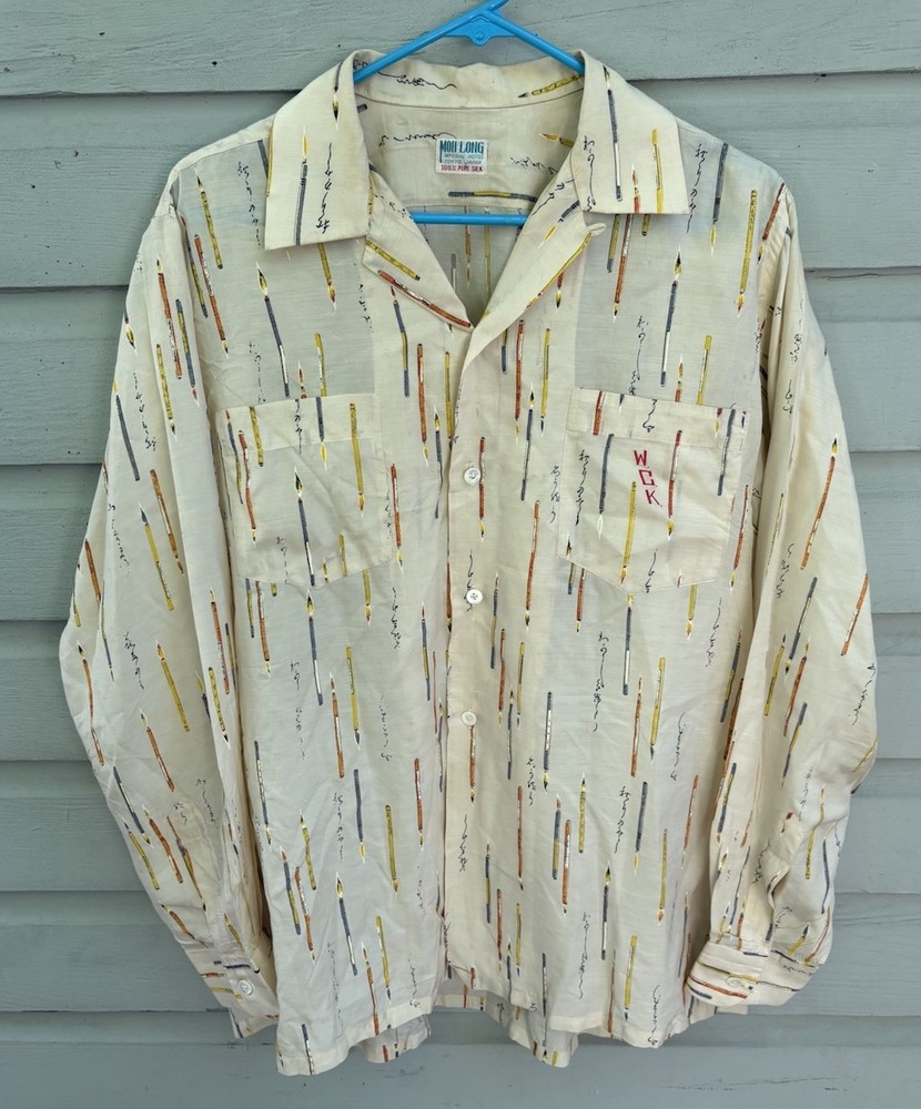 VTG 1950s MOH-LONG Imperial Hotel Art Deco Fountain Pen Theme Silk Shirt Large