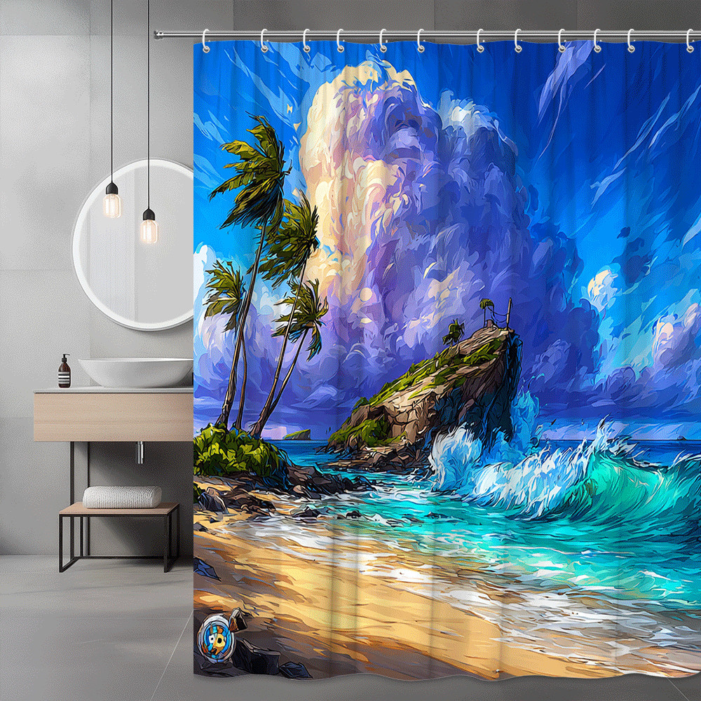 Beach Ocean Shower Curtain Tropical Island Waves Palm Trees