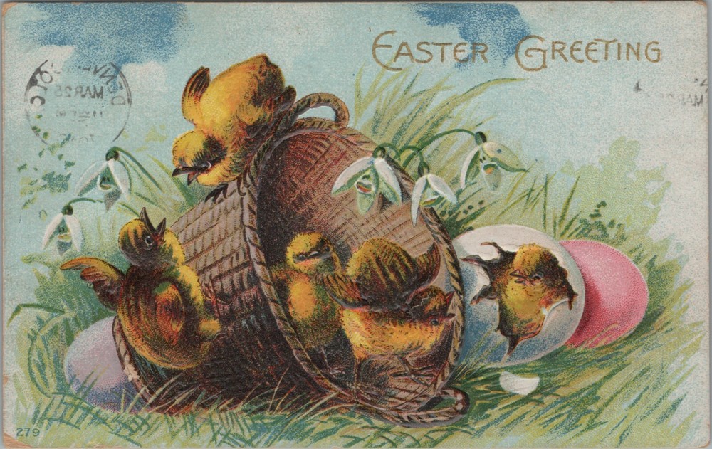 Easter Greetings Playful Chicks Basket Eggs Field embossed c1910 postcard N692