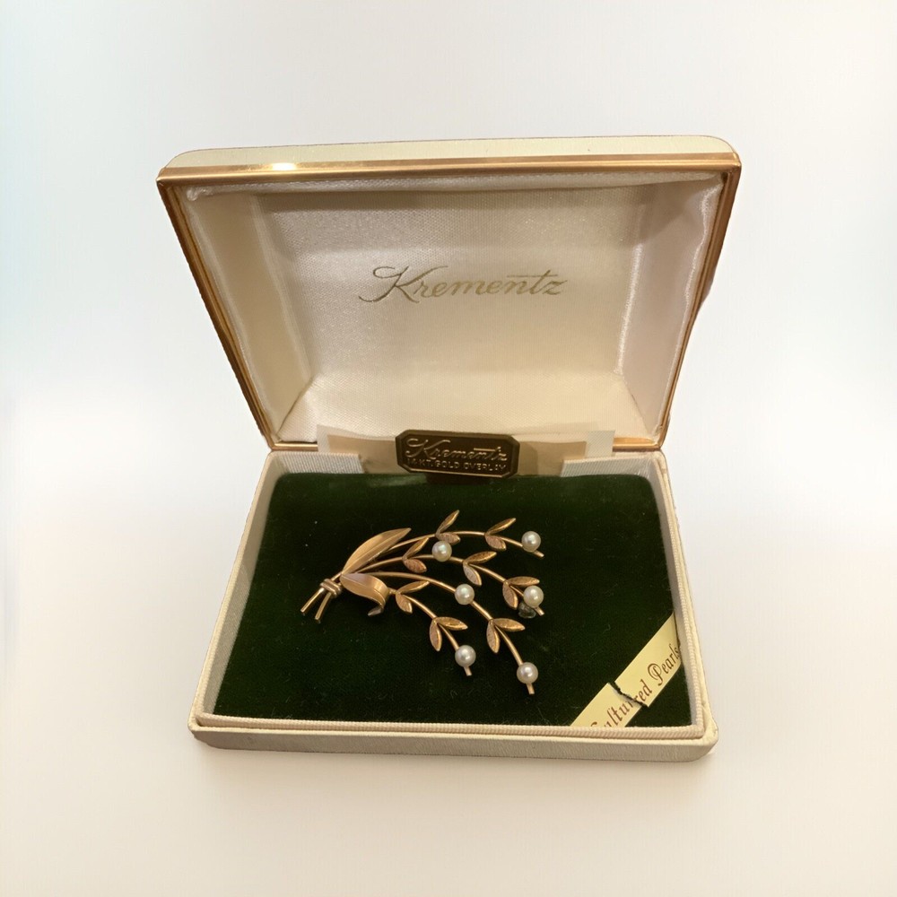 14K Gold Overlay Krementz Leaf Genuine Pearl Vintage Brooch W/Original Box