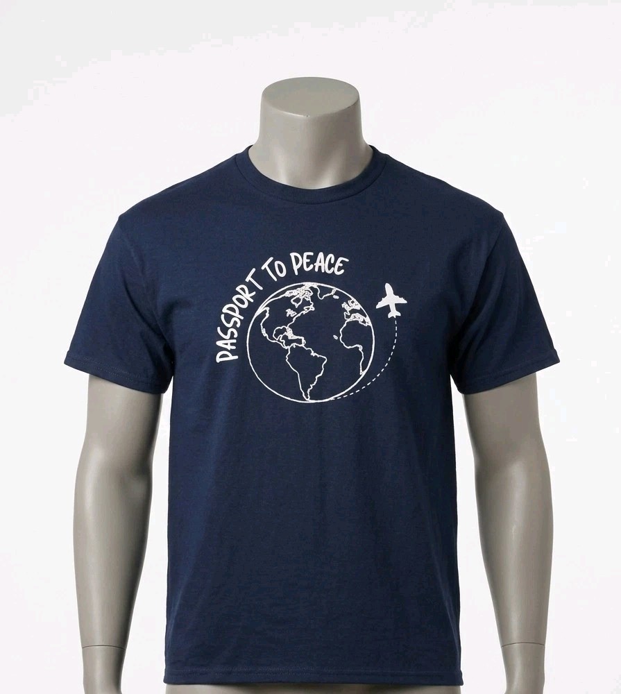 Gildan Men's 2XL Navy Blue Graphic T-Shirt Passport To Peace Cotton Crew Neck