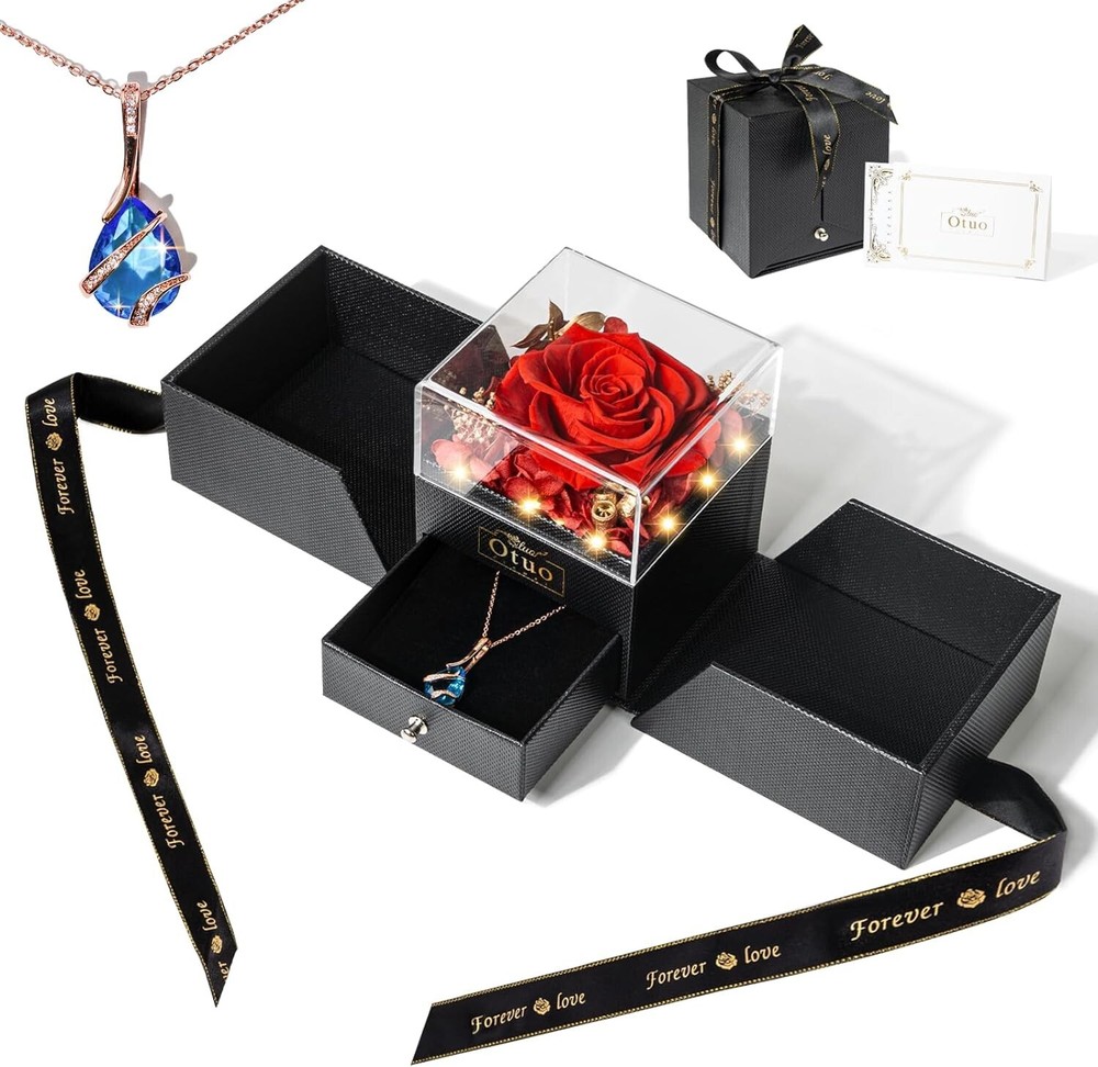Real Preserved Rose with Gorgeous Necklace & LED Mood Light - Gift for Women