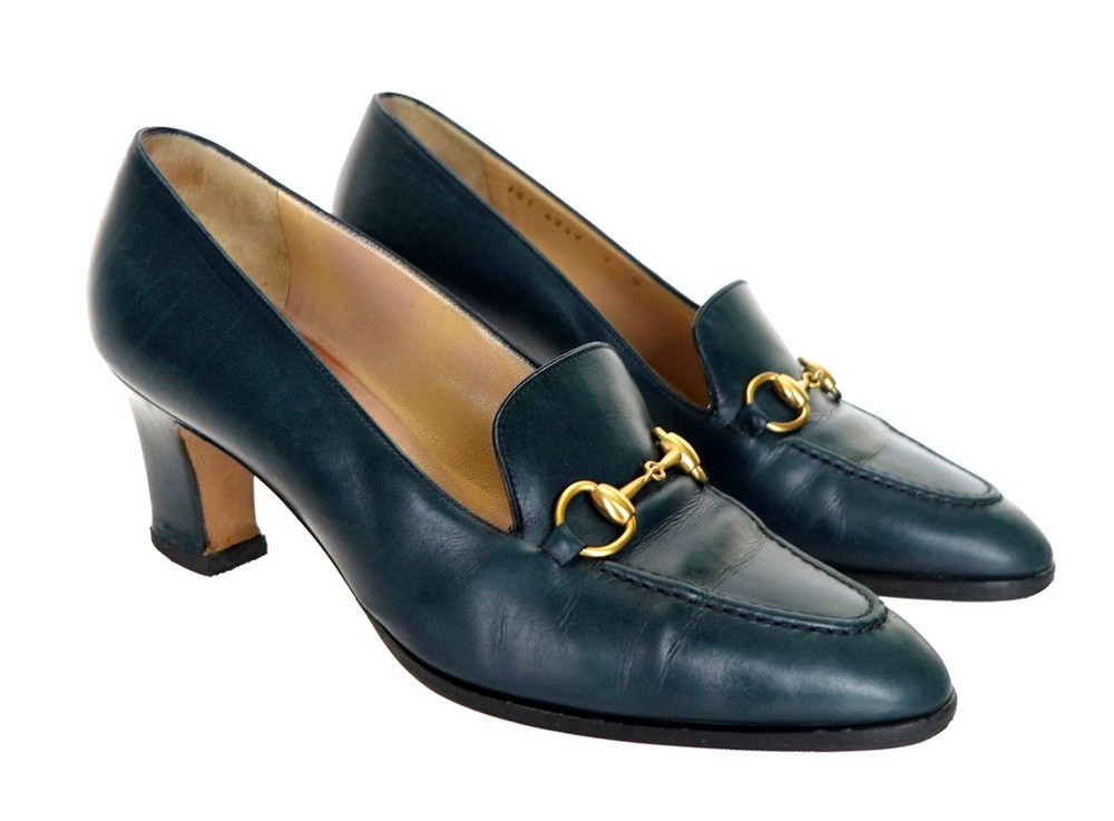 GUCCI 101 4249 Marine Blue Leather Horsebit Heels Shoes Italy US 7 B