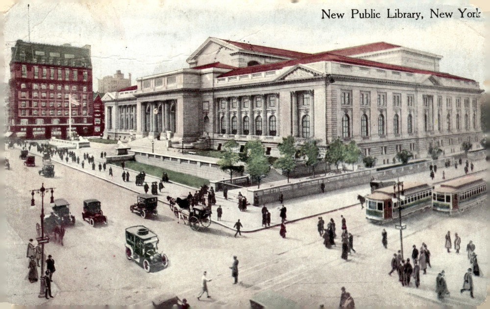 1920 New York Public Library 5th Ave NYC Beaux-Arts Litho Street Scene Postcard