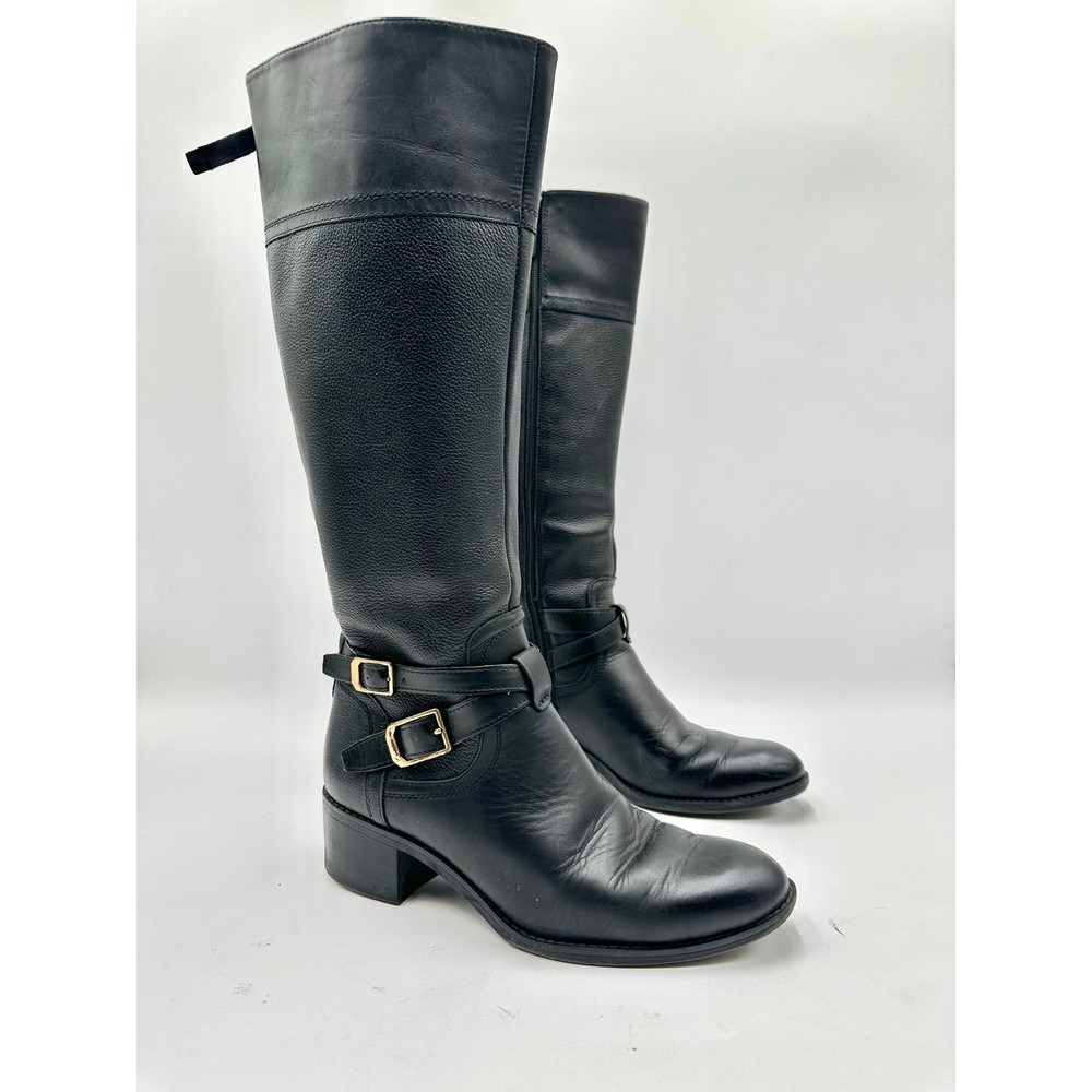 Franco Sarto Black Leather Knee High Gold Buckle Riding Boots Women's 8