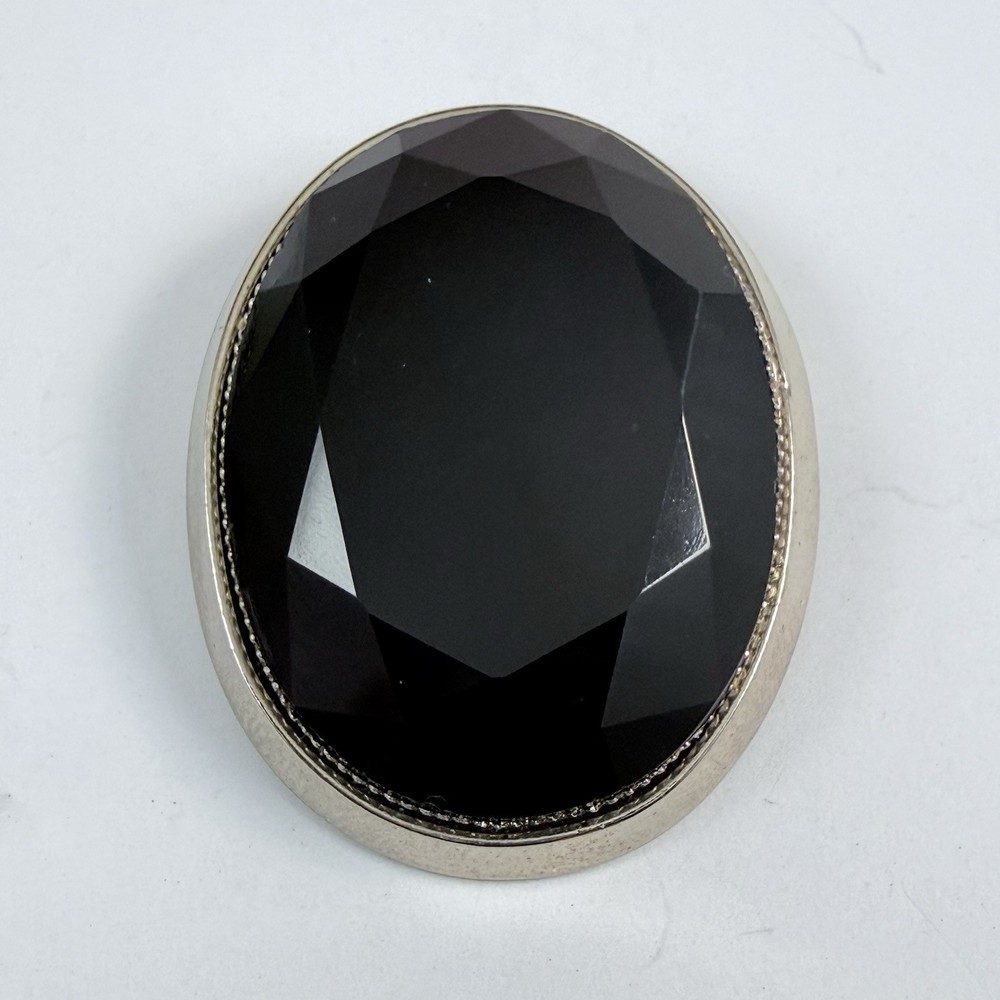 Vintage Faceted Black Glass Oval Silver Tone Brooch Estate Pin