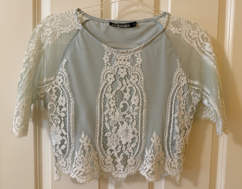 For Love & Lemons Mint Green Lace Crop Top Lined Floral Romantic Size L