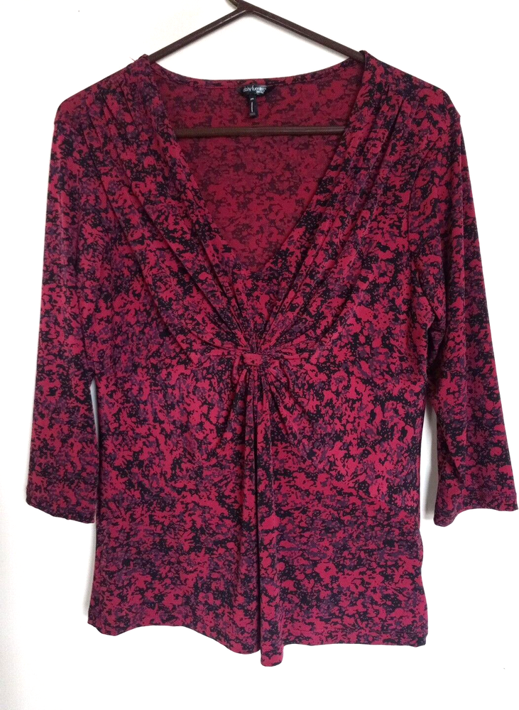 DAISY FUENTES  Burgundy  Gathered V Neck Knit Top Shirt Tunic  Sz PL