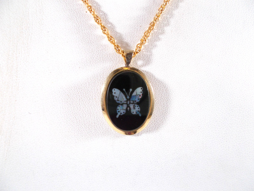 VTG Merlite  Blue Butterfly on Black Gold Tone Pendant Necklace Free Shipping