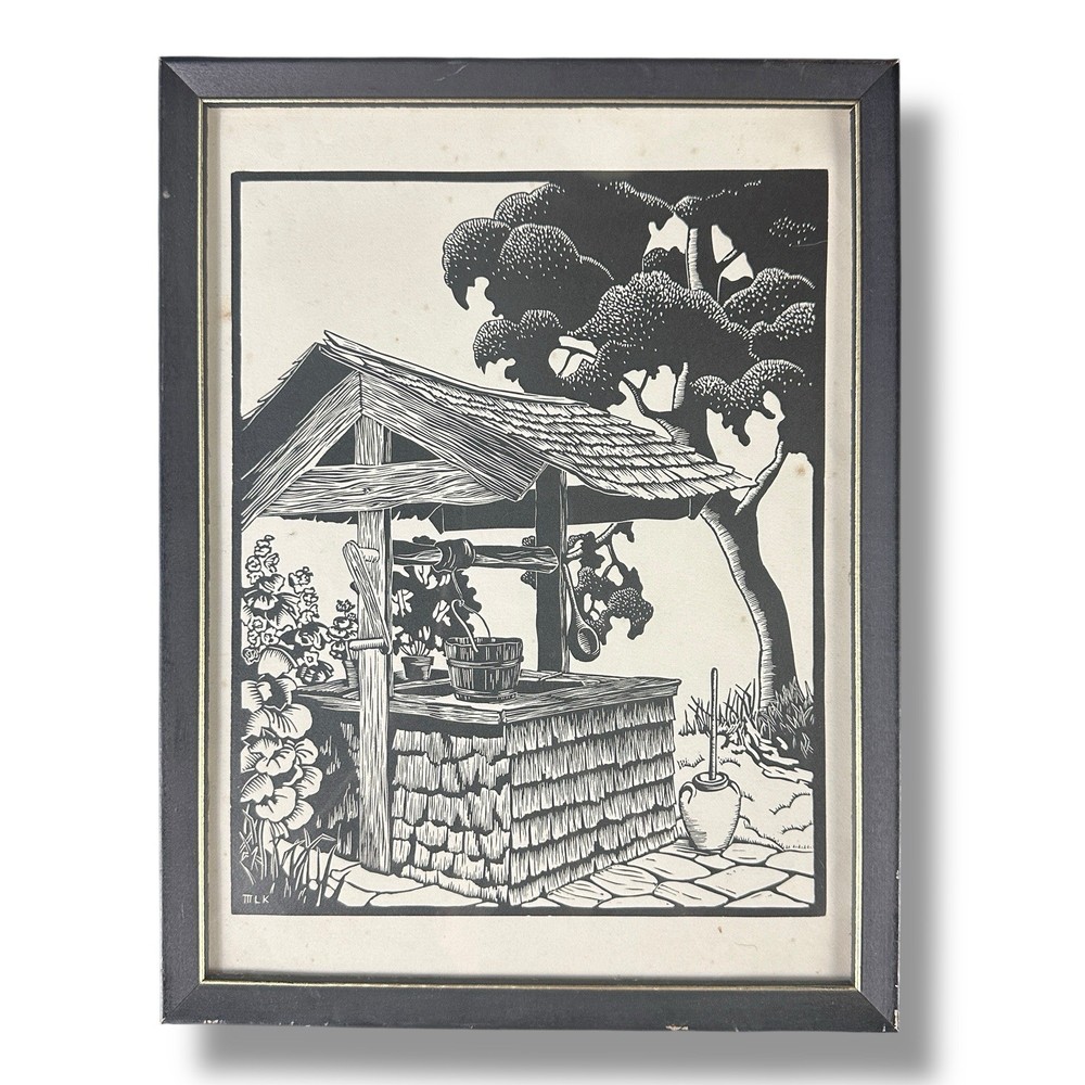 Mary Louise King The Old Well Linocut Print – Vintage Folk Art Framed MLK Signed