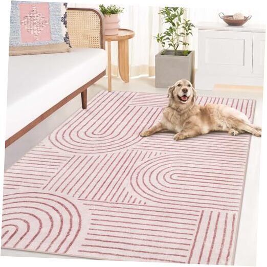 Abstract Washable 5x7 Area Rugs in Soft Pink and White for Living Room, Bedroom, or Home Decor, 5' x 7' Pink Rug, Machine Washable-image