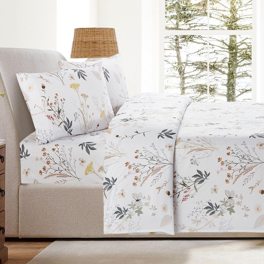 Queen Size Sheets 4 Piece Small Gold Flower Sheets 15”Deep Pocket Soft 100% M...