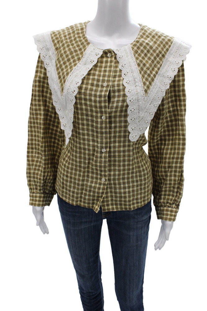 Loeffler Randall Women Beige Linen Plaid Long Sleeve Blouse Button Fall Size SFree Shipping in US $100+ Orders | $6.95 Orders Below