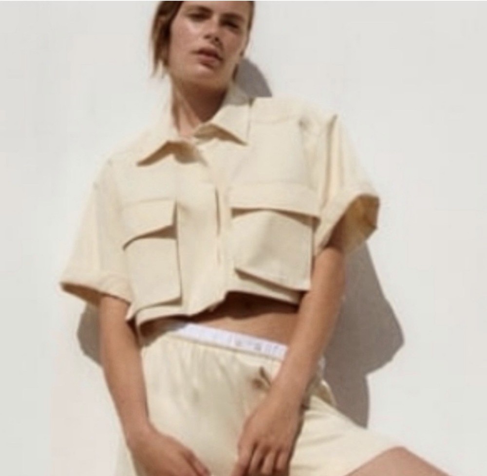 Zara Beige Cropped Button-Up Collared Cotton Blouse Short Sleeve Women's Size L
