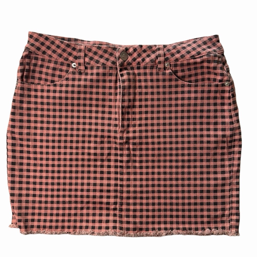 Forever 21 Pink Black Gingham Mini Skirt Womens Large Stretch Denim Checkered
