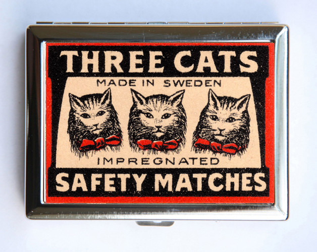 Three Cats Safety Match Cigarette Case Wallet Business Card Holder