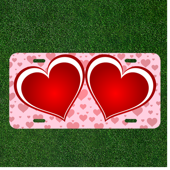 Custom Personalized License Plate Car Tag With Two Fancy Red Hearts Add Names