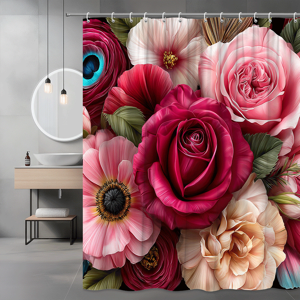 Floral Rose Shower Curtain Pink Red Cream Botanical Print