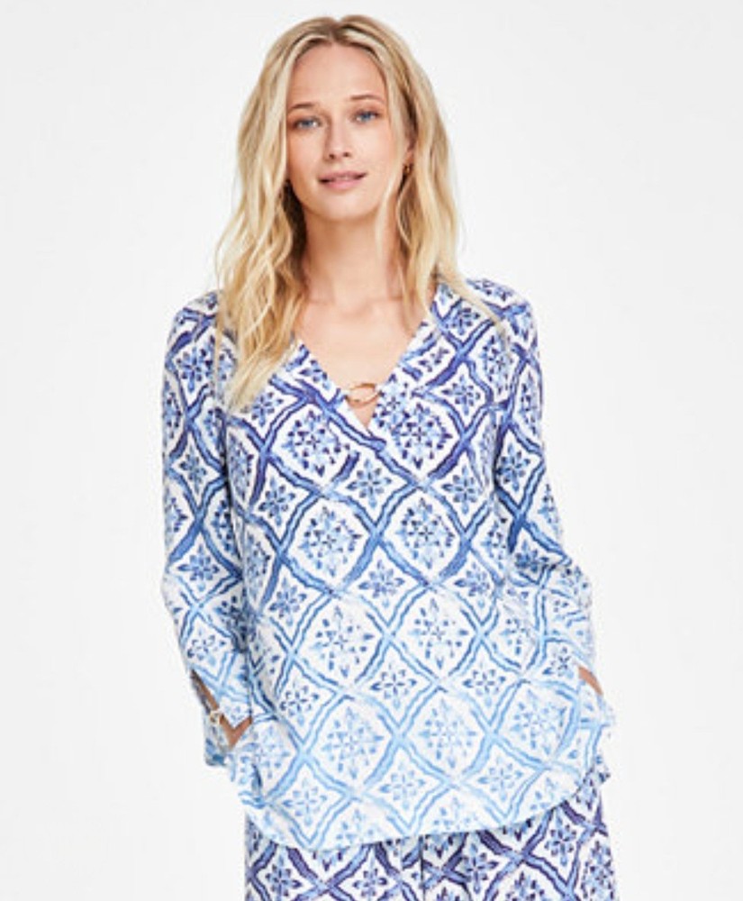 JM Collection Women's Linen Blend Ombre Printed Hardware-Trim Top Blouse Blue  L