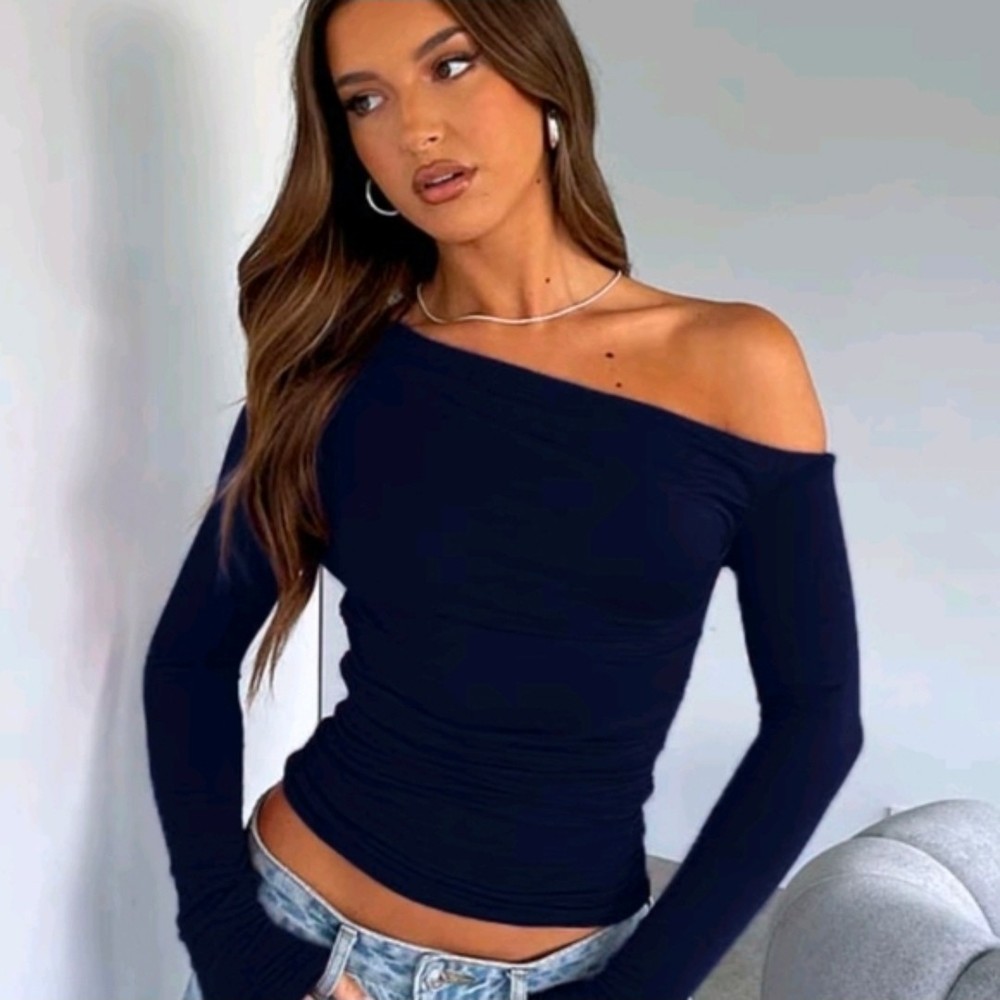 Navy Blue Off-the-Shoulder Ruched Long Sleeve Jersey Cropped Blouse Women