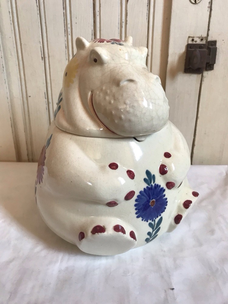 VINTAGE Abingdon USA pottery Cookie Jar HIPPO 549 Blue Flowers Chips