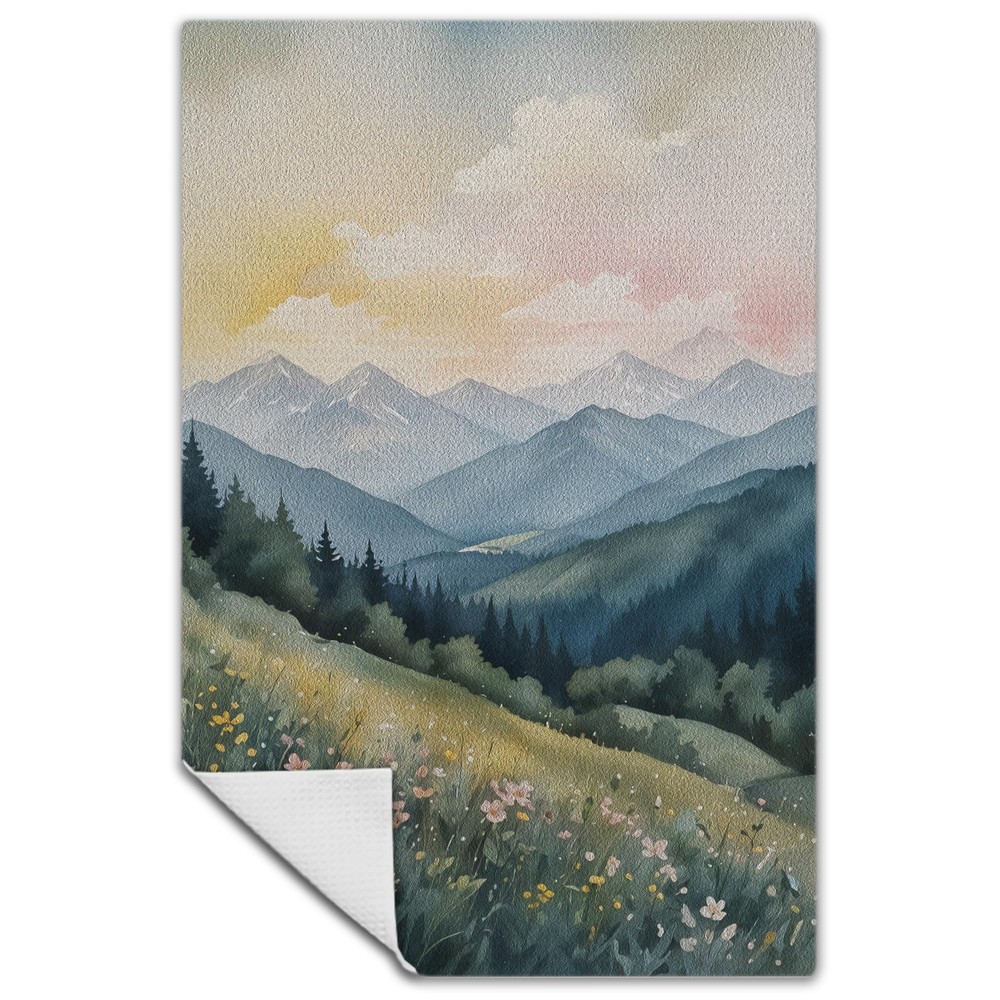 Watercolor Mountain Kitchen Towels with Abstract Forest and Floral Design  -image